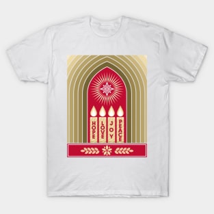 Four Advent candles lit in anticipation of the birth of Jesus Christ T-Shirt